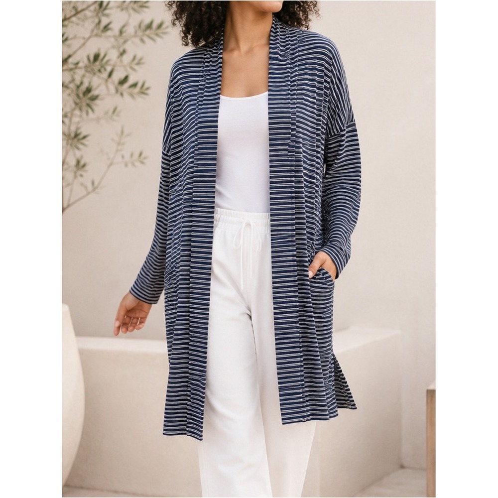 SOMA Cool Nights Cardigan Duster Robe Topper S Nautical Stripe Pockets Lounge